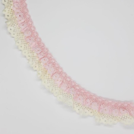 Encaje rizado doble fruncido beige y rosa