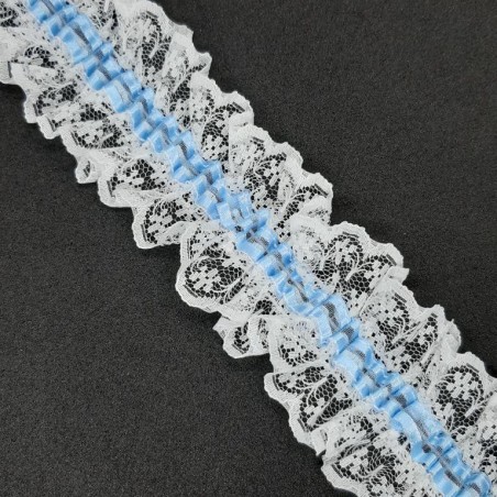 Encaje blanco con elástico celeste rizado para novias