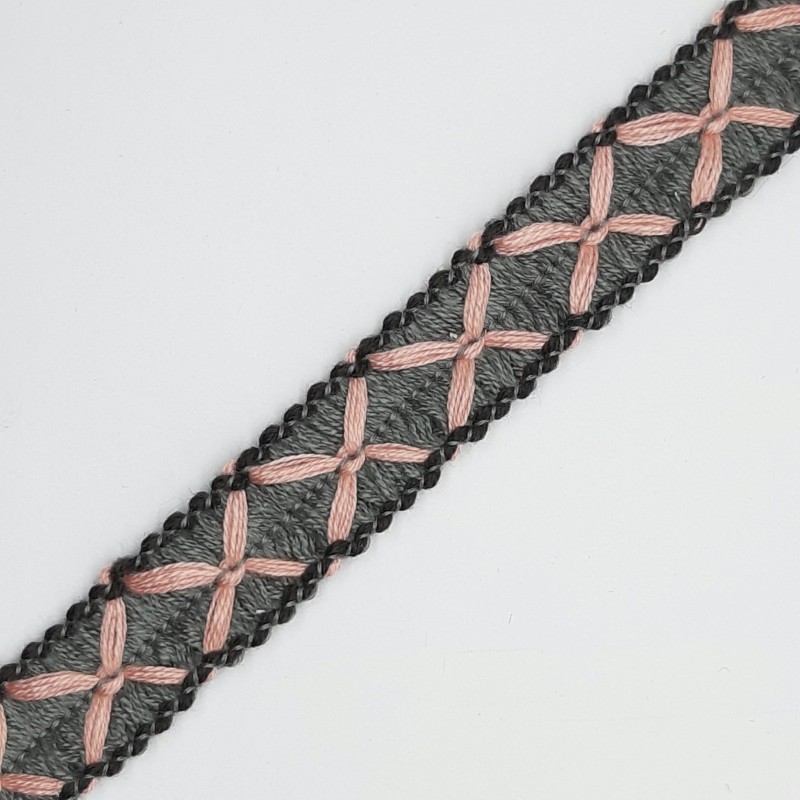 Galón pasamanería lana dibujo cruces gris