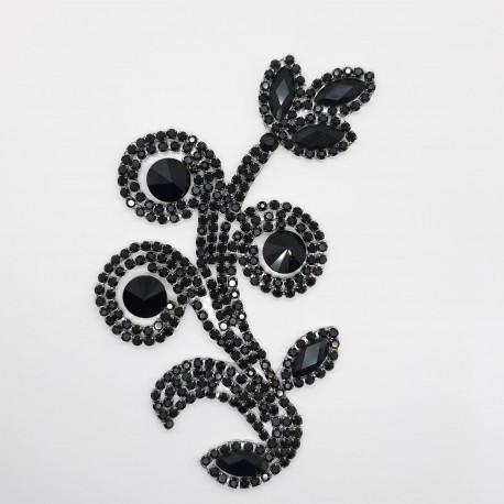 Aplique flor piedras cristal strass termoadhesivo negro
