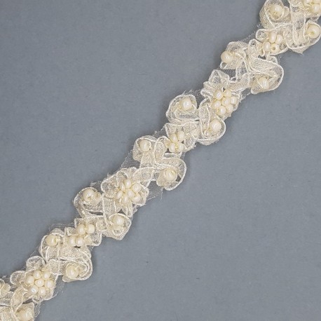 Galón pasamanería organza perlas beige 1,5 cm decorativo