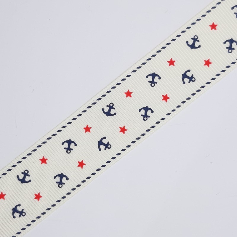 Cinta faya estampado marinero con anclas blanco 2,5 cms