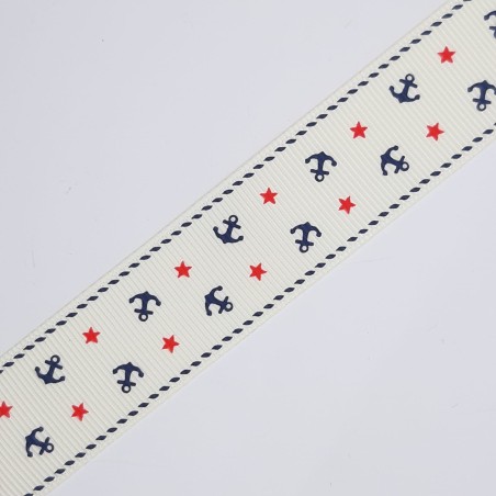 Cinta faya estampado marinero con anclas blanco 2,5 cms