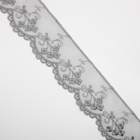 Encaje tul bordado con flores gris 