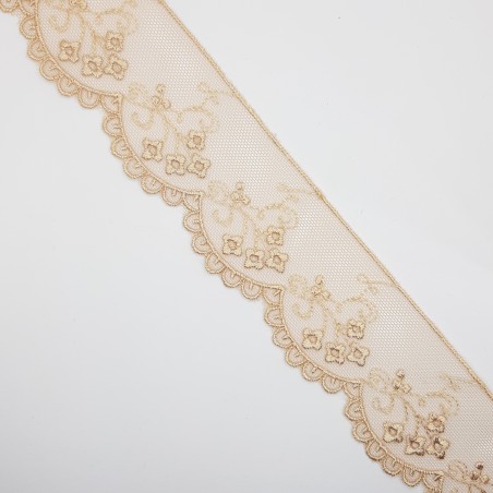 Encaje tul bordado con flores camel