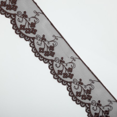 Encaje tul bordado con flores marrón