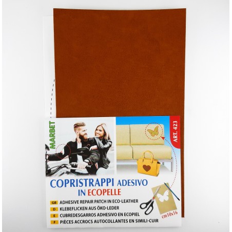 Cubre rasgados adhesivos en piel de color camel para prendas y accesorios.