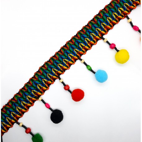 Galón madroño multicolor 8 cms. Fleco decorativo con rocalla y bolas de madera.