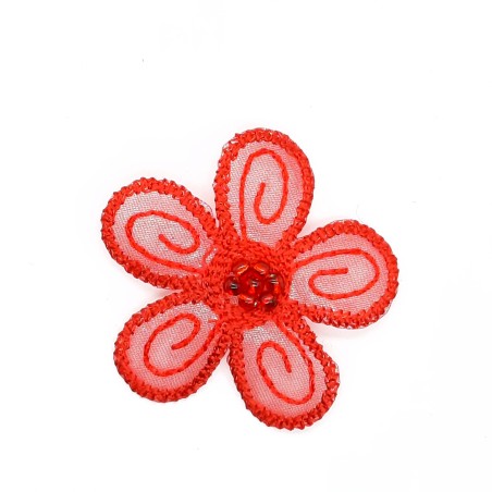 Aplicación flor termoadhesiva con perlas decorativas de color rojo 