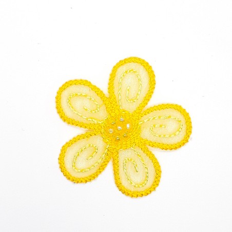 Aplicación flor termoadhesiva con perlas decorativas de color amarillo