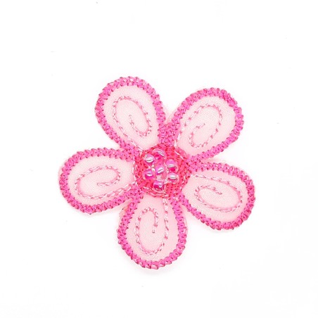 Aplicación flor termoadhesiva con perlas decorativas de color fucsia