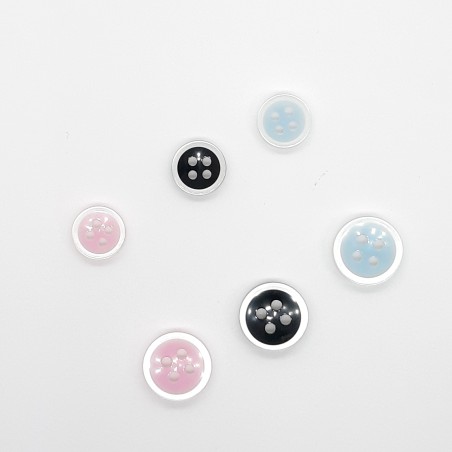 Botón clásico nacarado 4 agujeros celeste, negro y rosa