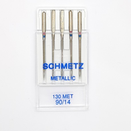 Aguja máquina Metallic Schmetz talón plano con ojo largo de 2 mm. Especial para hilo metálico.