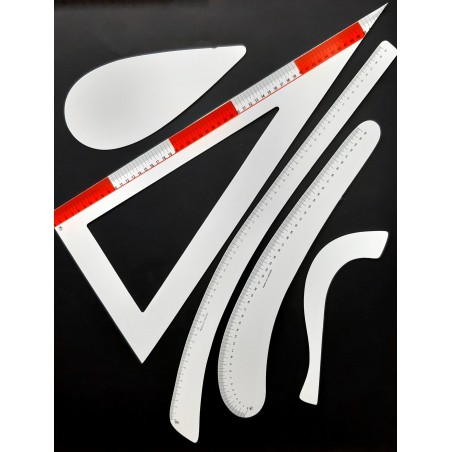 Juego de 5 reglas especiales para patronaje y confección.