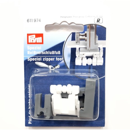 Pie prensatelas Prym especial para coser cremalleras invisibles. 