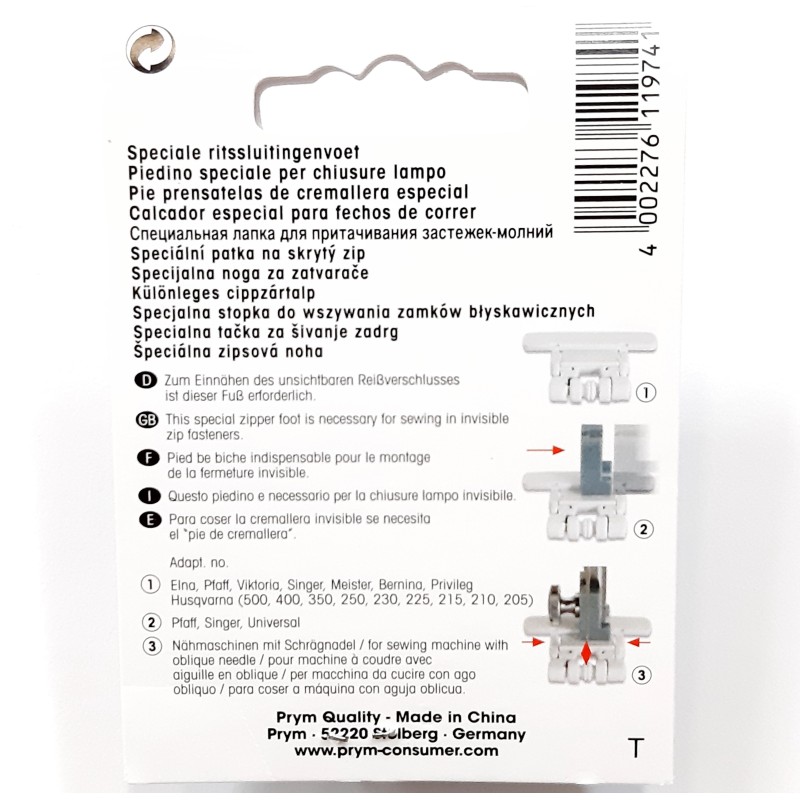 Pie prensatelas Prym especial para coser cremalleras invisibles. 
