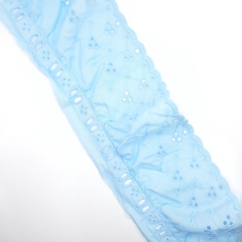 Tira bordada rizada celeste con pasacinta 7,5 cms