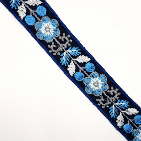 Galón tapacosturas cubrecosturas azul marino con flores bordadas 3,5 cms