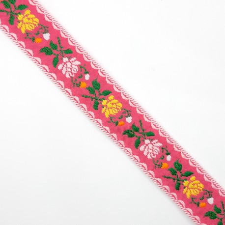Galón tapacosturas fucsia con flores de colores de 2,5 cms