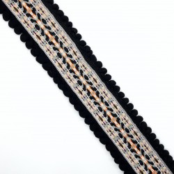 Galón tapacosturas étnico con filo de madroño negro decorativo