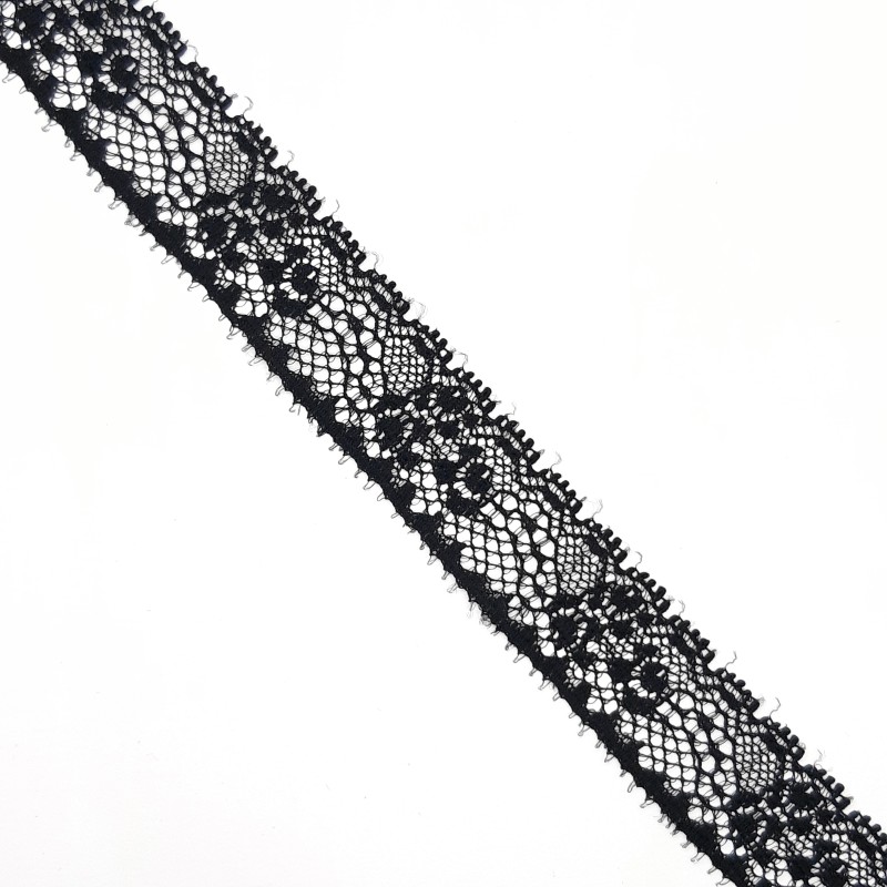 Encaje nylon negro de 2 cms con flores decorativas especial ceremonias. 