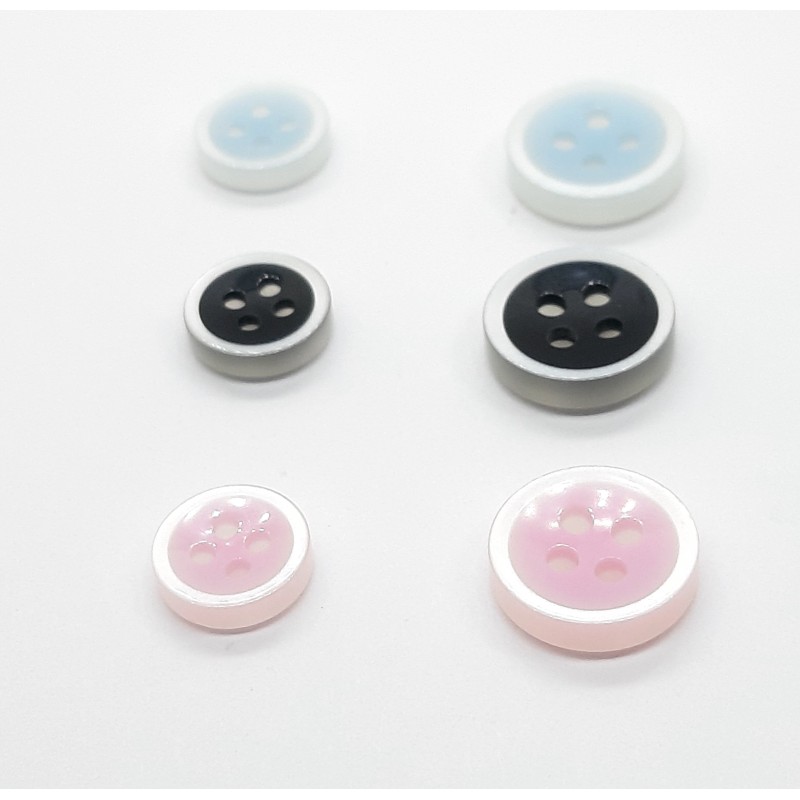 Botón clásico nacarado 4 agujeros celeste, negro y rosa