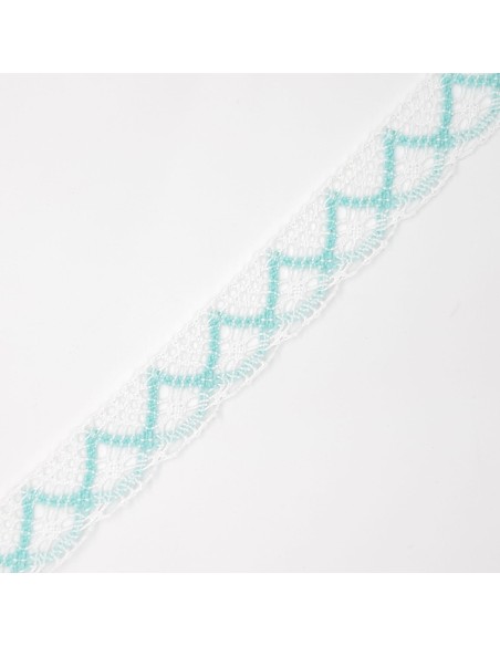 Encaje bolillo color blanco y verde mar de  2 cms