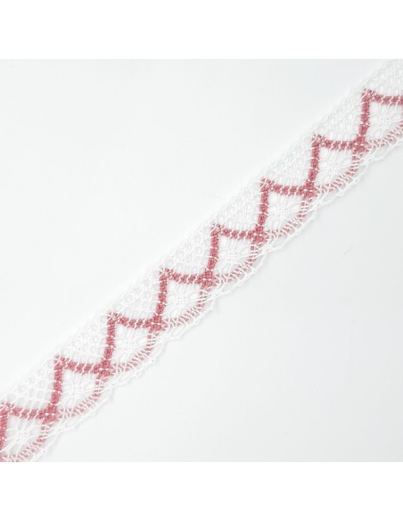 Encaje bolillo color blanco y rosa de  2 cms