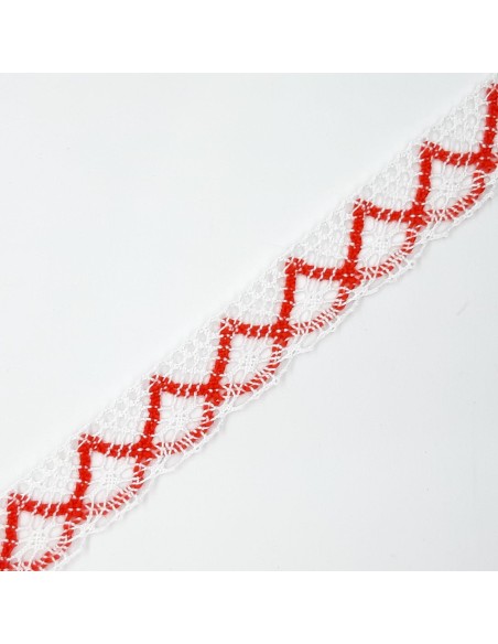 Encaje bolillo color blanco y rojo de  2 cms
