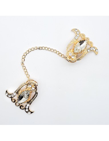 Broche pinza con piedra de cristal y cadena dorada