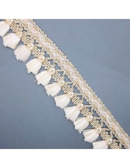 Fleco pasamanería con borlas marfil 4 cms