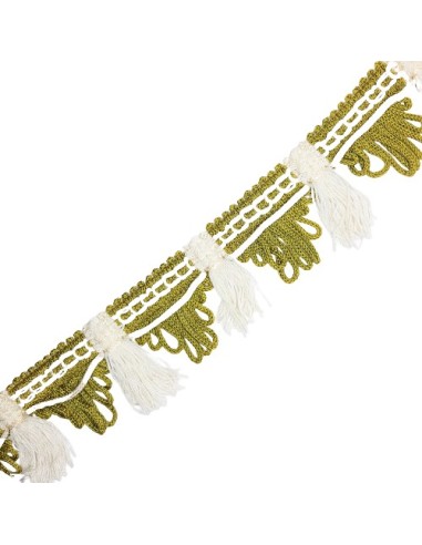 Fleco seda verde kaki y blanco de 4 cms decorativo