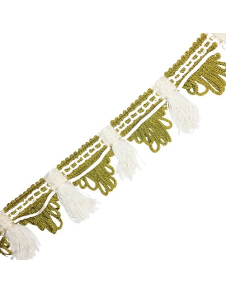 Fleco seda verde kaki y blanco de 4 cms decorativo
