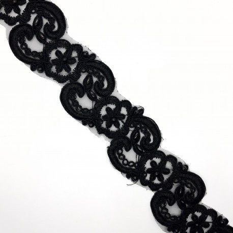 Galón bordado negro con perlas decorativas 4,5 cms