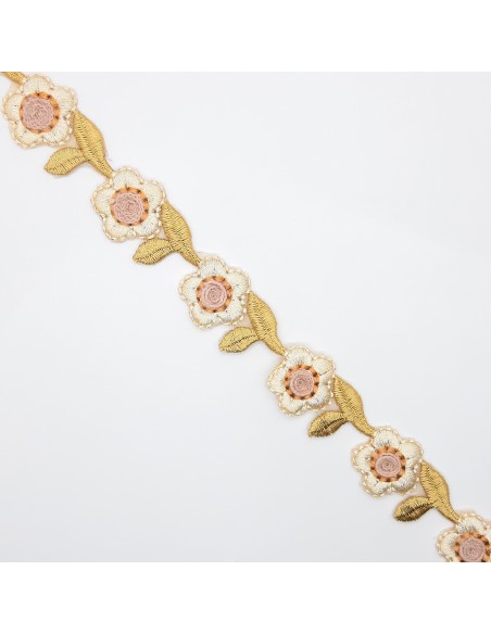 Galón flores bordadas beige termoadhesivo