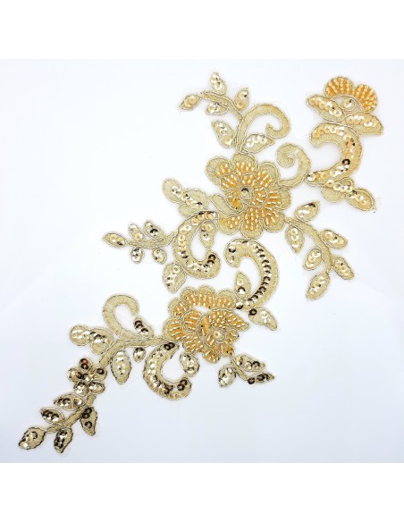 Aplique bordado metalizado con rocalla color oro de 10 x 25 cms