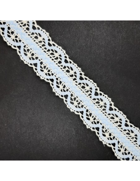 Entredos encaje de bolillo 3,5 cms bicolor marfil y celeste