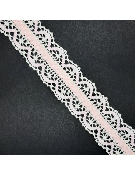 Entredos encaje de bolillo 3,5 cms bicolor marfil y rosa