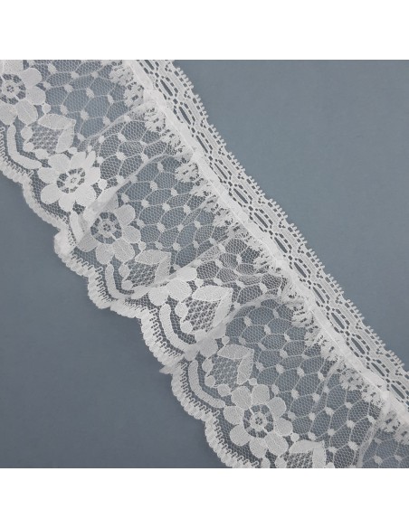 Encaje nylon rizado con pasacinta 8 cms de color blanco
