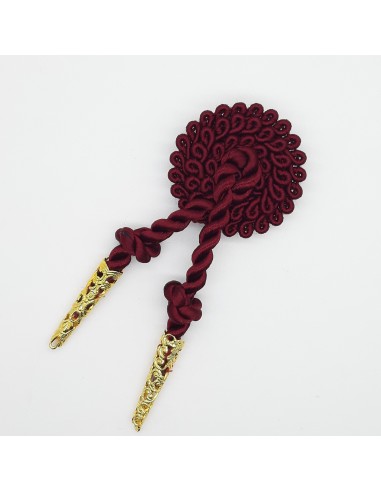 Alamar de pasamanería con cairel burdeos con 2 cabuzones dorados