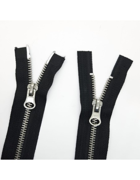 Cremallera reversible doble cursor negra malla plateada