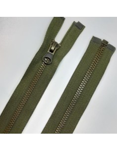 Cremallera separador metálica verde kaki 65cms diente oro viejo.