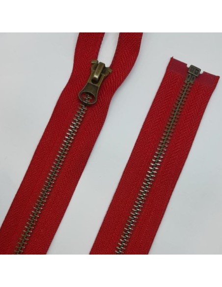 Cremallera separador metálica rojo 65cms diente oro viejo.