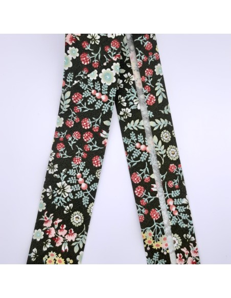 Cinta bies algodón flores verde kaki 3 cms 