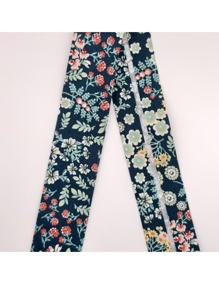 Cinta bies algodón flores azul azafata 3 cms 