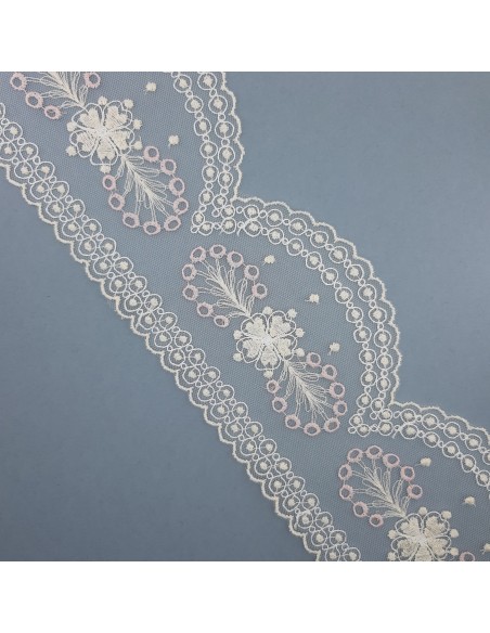Encaje tul bordado beige- rosa de 10 cms