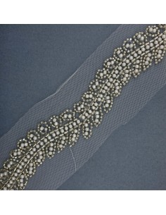 Galón abalorios plata con perlas de 4 cms