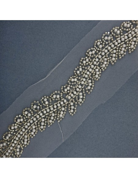 Galón abalorios plata con perlas de 4 cms