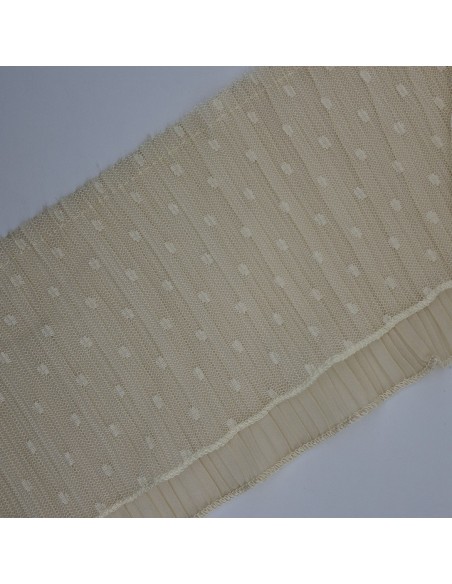 Volante plisado azul marino con tul y con topos decorativos de 13 cms. Ideal para remates y dar volumen en prendas y complemento