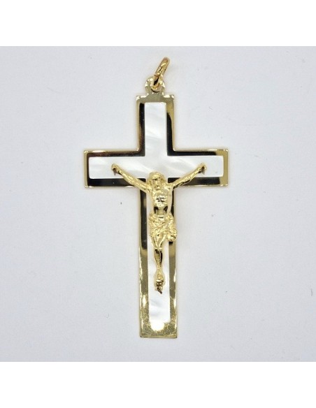 Cruz con Cristo dorada y nacar | Mercería Alfambra